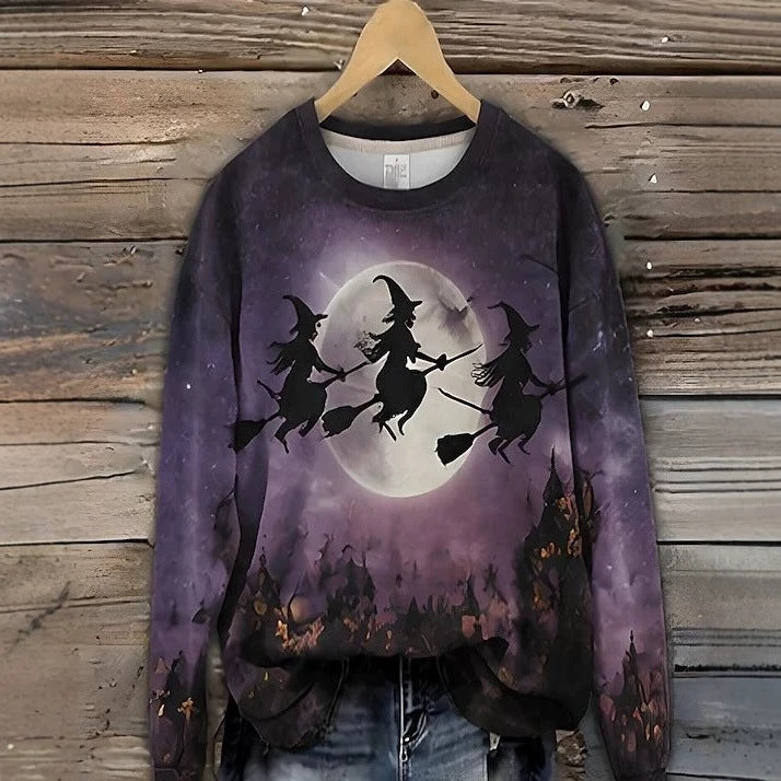 Women's Long-sleeve Crew-neck Halloween-print Hoodie