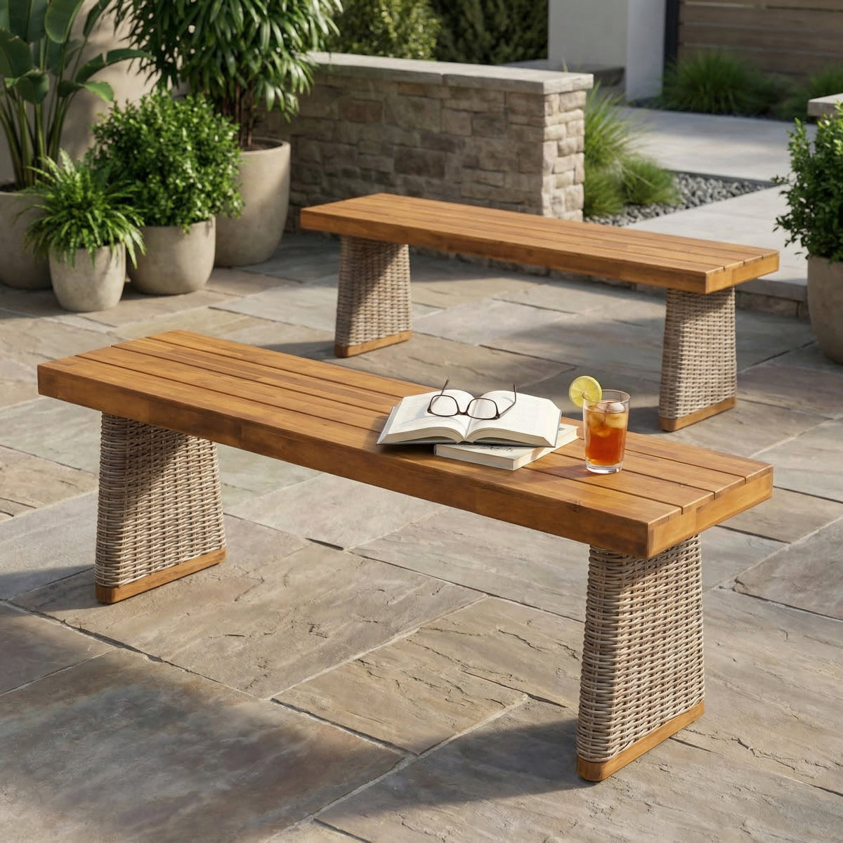 Outdoor Acacia Wood Bench Set of 2