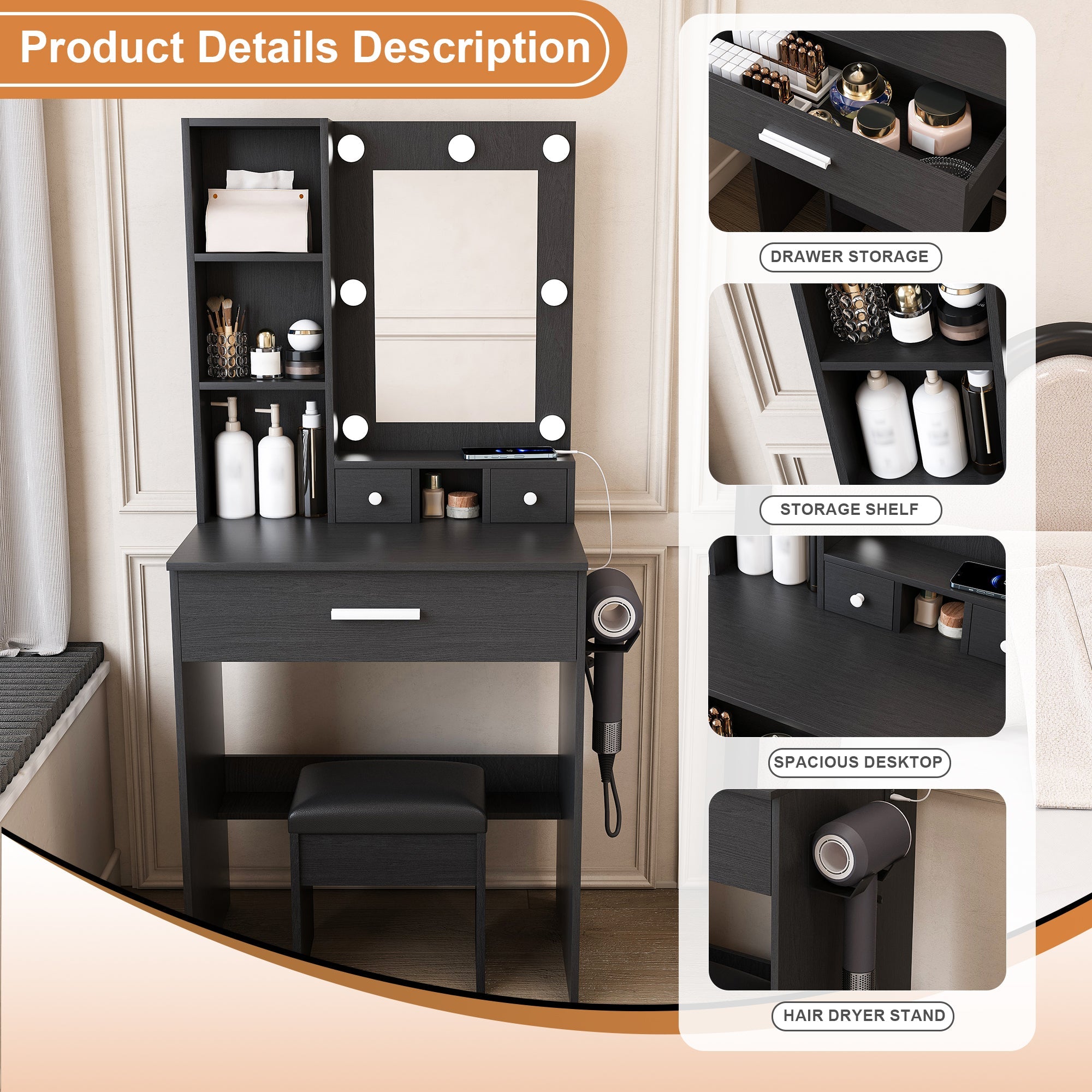 Vanity Table with Mirror & Adjustable LED Lights
