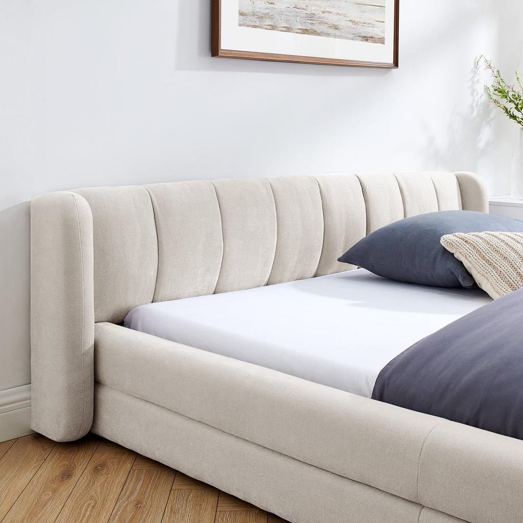 Queen Size Upholstered Bed Frame with Thick Fabric - Beige