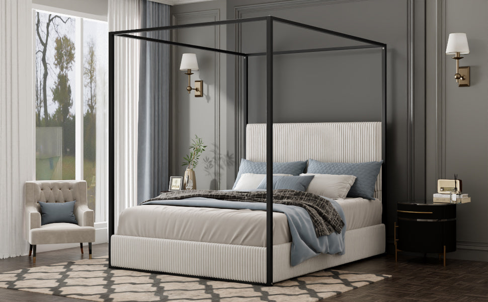Modern Luxury Metal Canopy Bed with Tall Upholstered Headboard