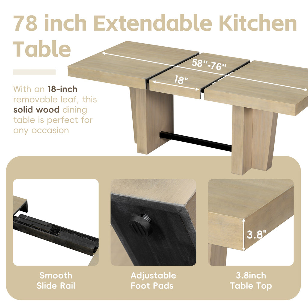 TOPMAX Farmhouse 76.0inch Extendable Wood Dining Table Set for 6