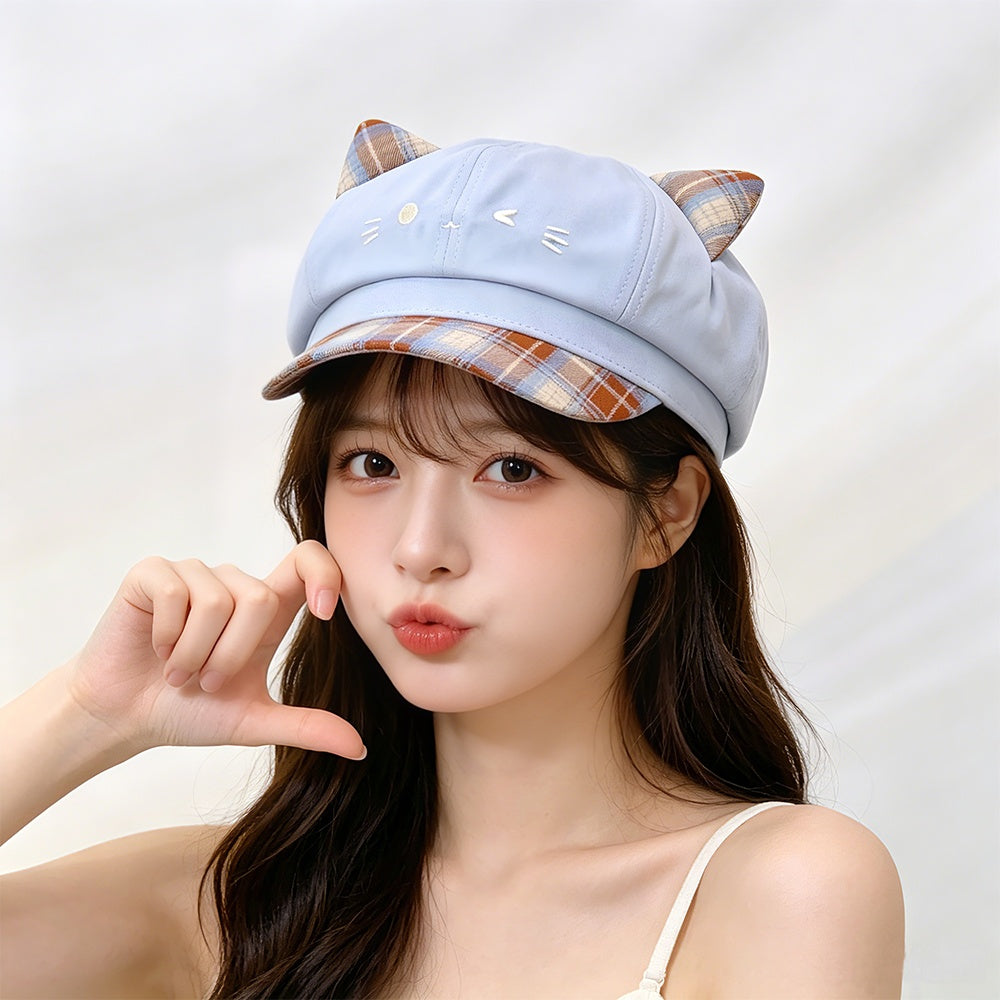 Korean-style Cute Cat-ear Patchwork Checkered Newsboy Hat For Autumn And Winter, Versatile And Suitable For All Occasions, Soft And Sweet Girl's Sweet Bloom Hat