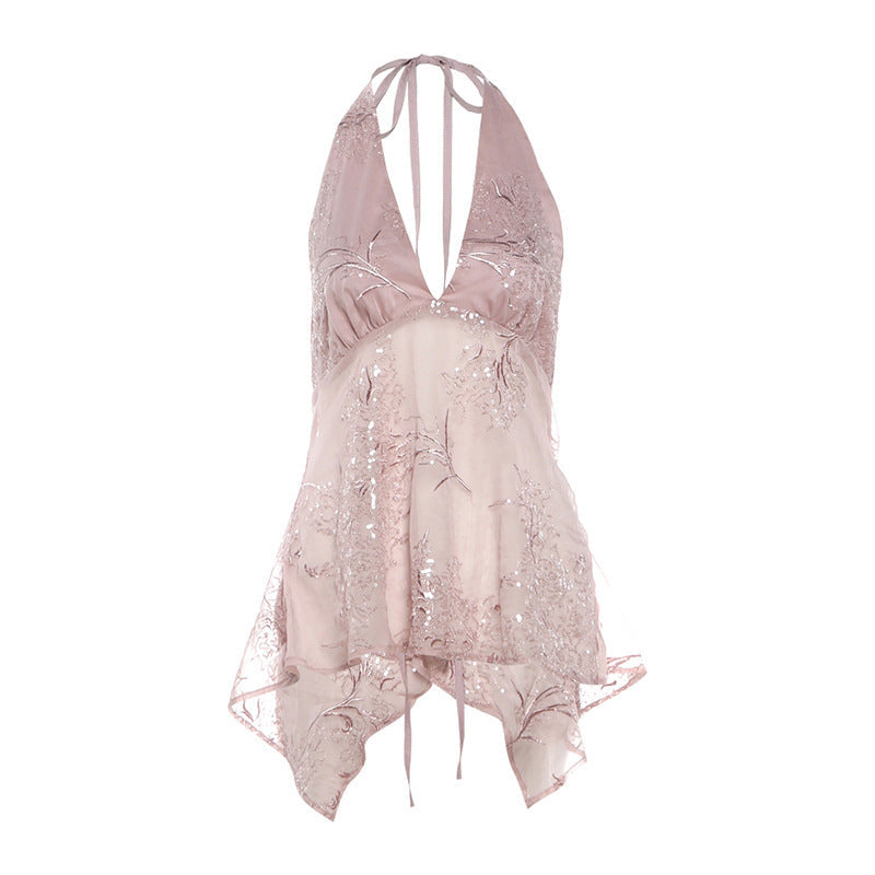 Deep-V Halter Floral Mesh Hollow-out Figure-flattering Slim-fit Camisole
