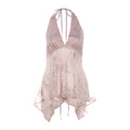 Deep-V Halter Floral Mesh Hollow-out Figure-flattering Slim-fit Camisole