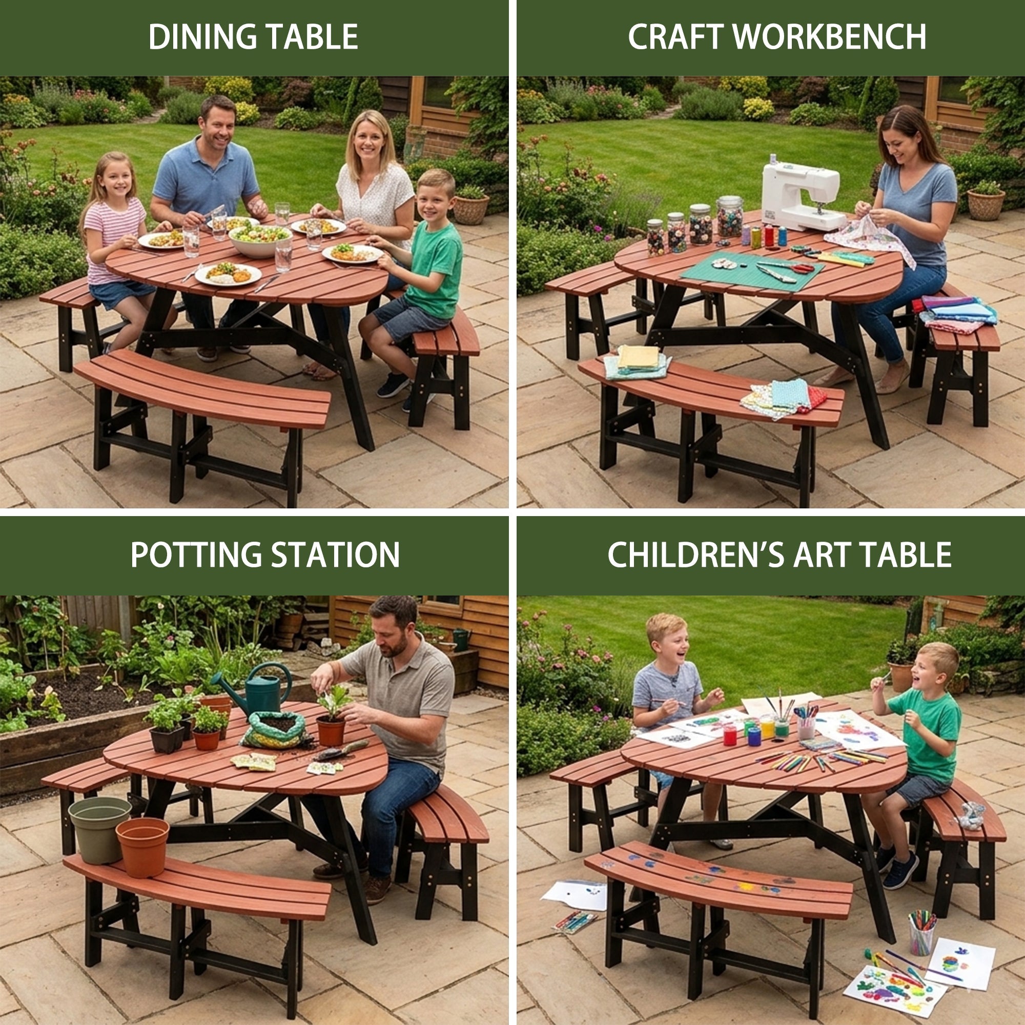 6-Person Semi-Circular Outdoor Solid Fir Wood Picnic Table Set