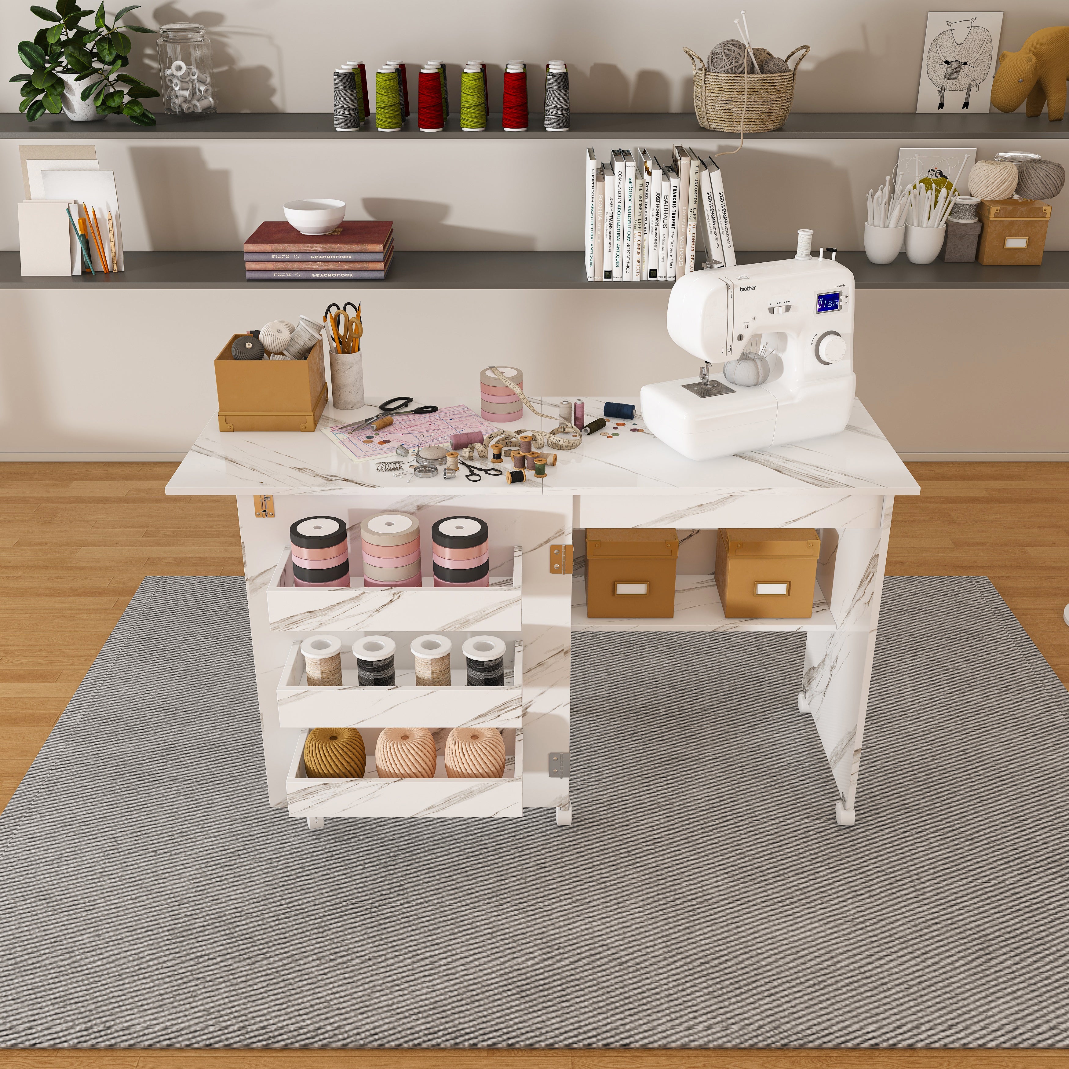 4-in-1 Folding Sewing Table with Lockable Wheels