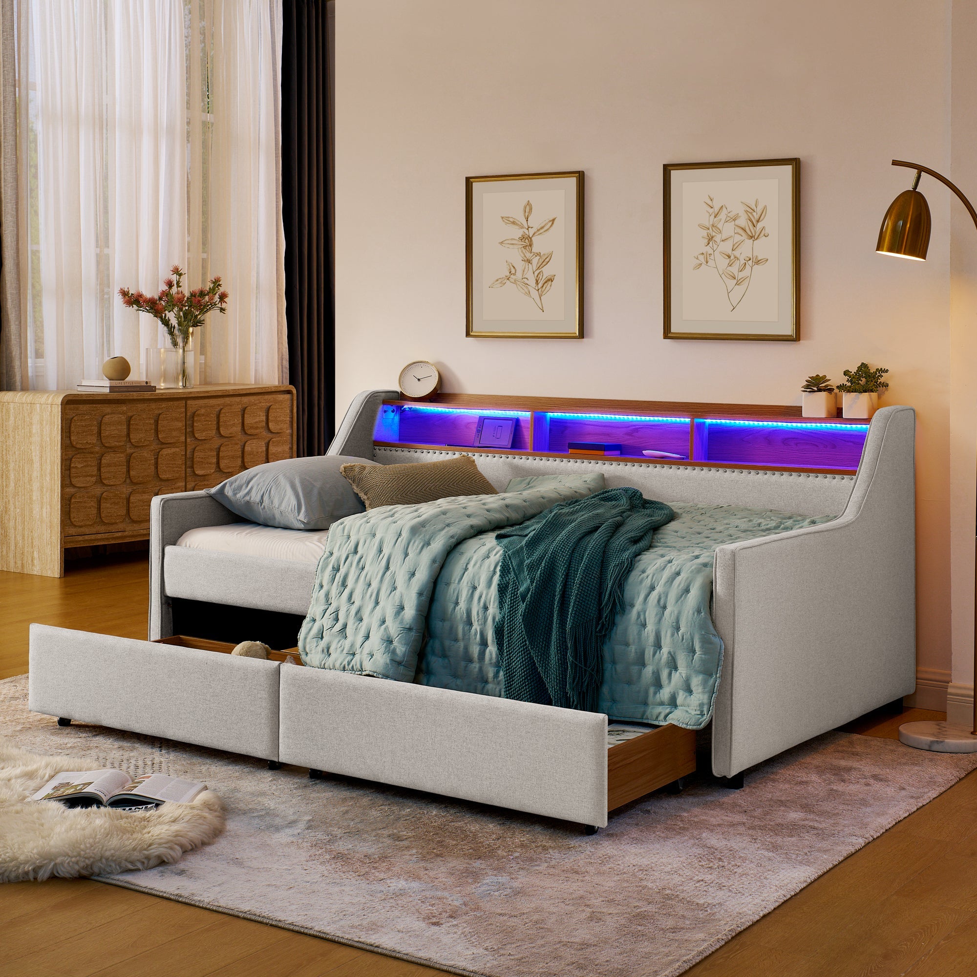 Twin Size Upholstery Sofa Bed with LED Lights
