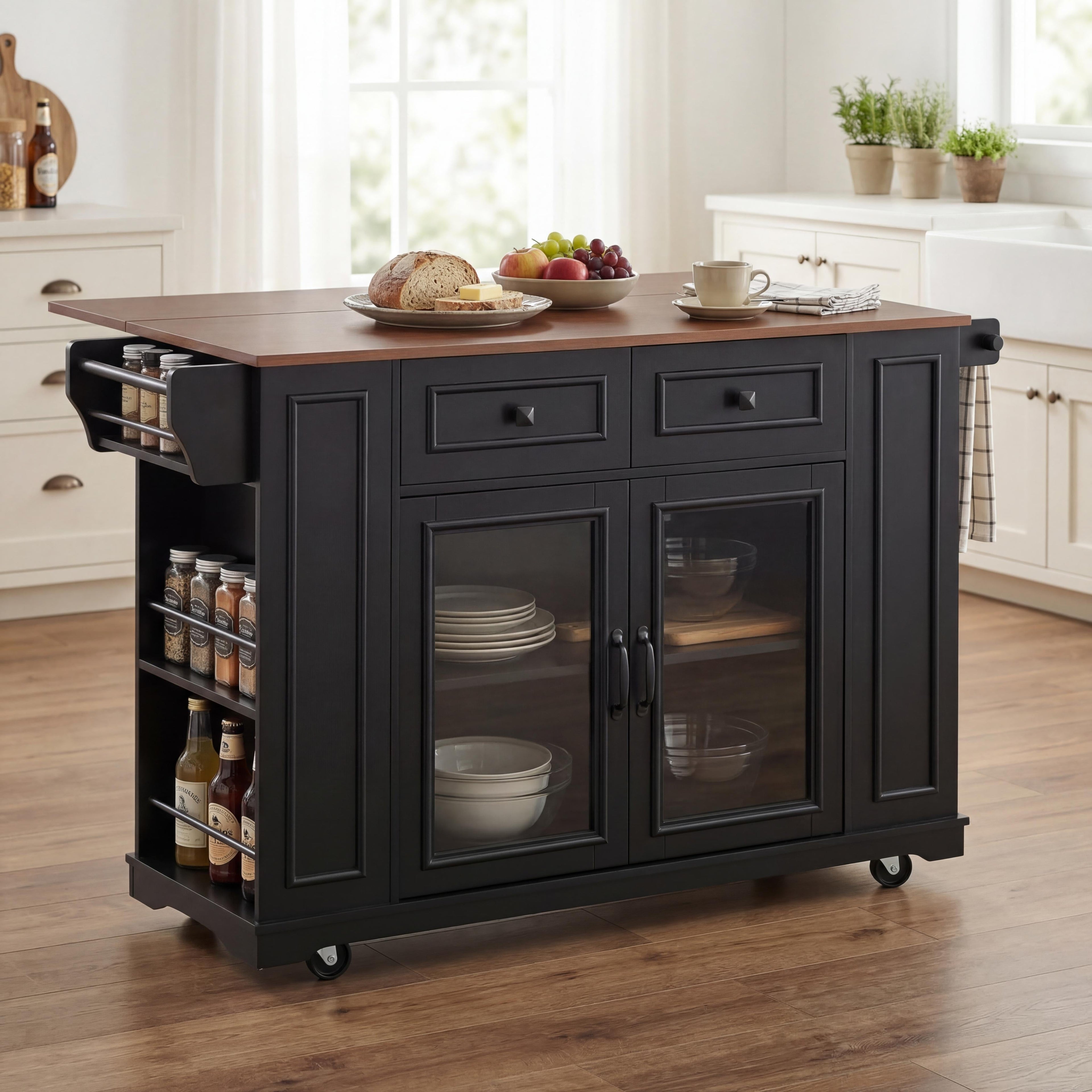 54" Mobile Kitchen Island with Glass Door Storage