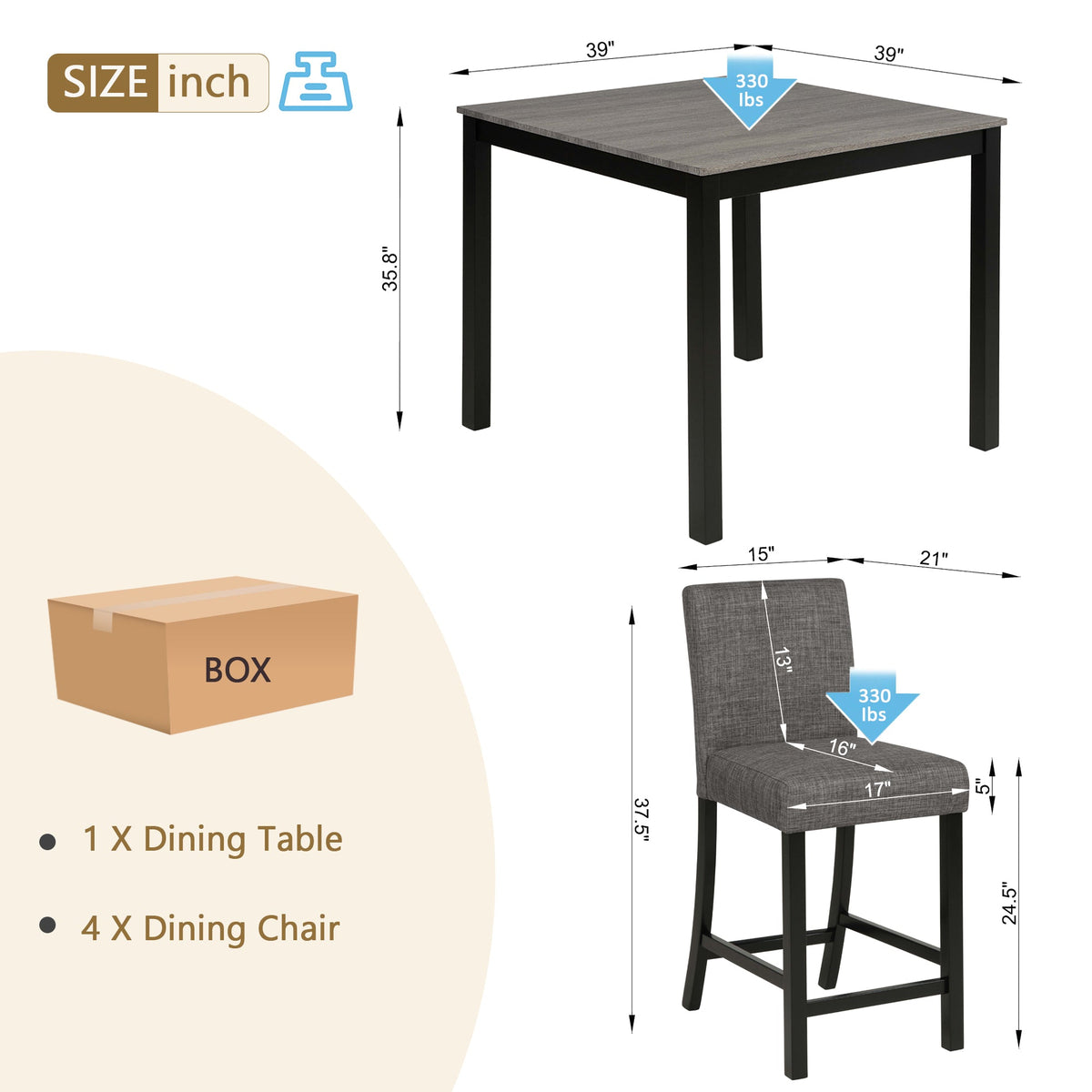 5-Piece Counter Height Table Set with 4 Chairs