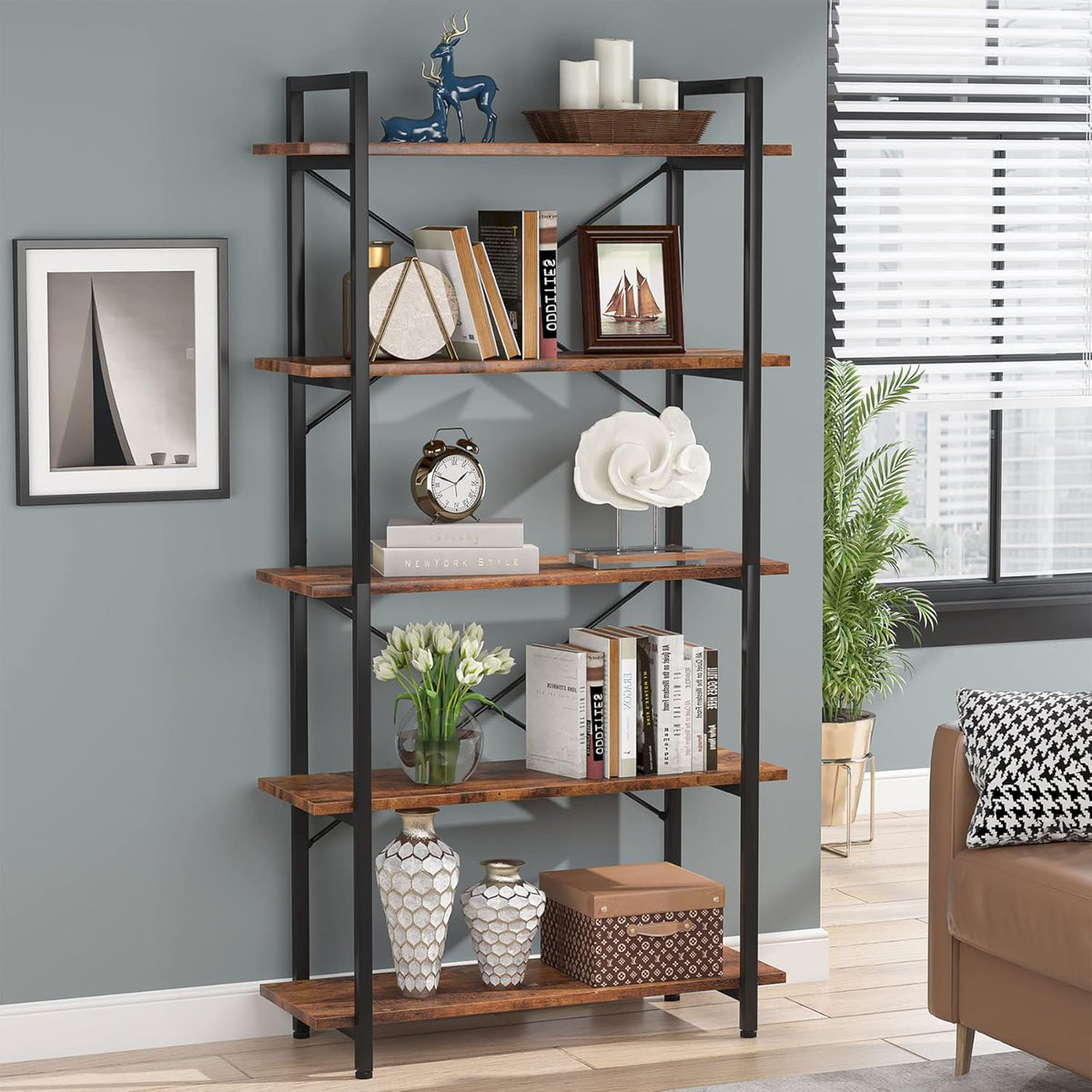 63" Tall 5-Tier Rustic Brown Industrial Bookshelf