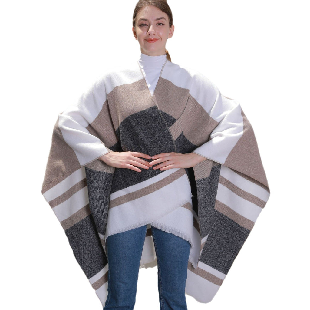 Womens Striped Tassel Cross-Strap Warm Cape Shawl