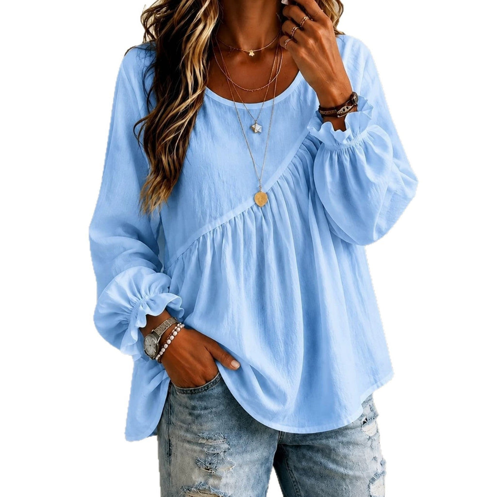 2026 New Cross-Border European And American Style Women's Solid Color Round Neck Long Sleeve Ruched Shirt Top, Casual Versatile Loose Fit