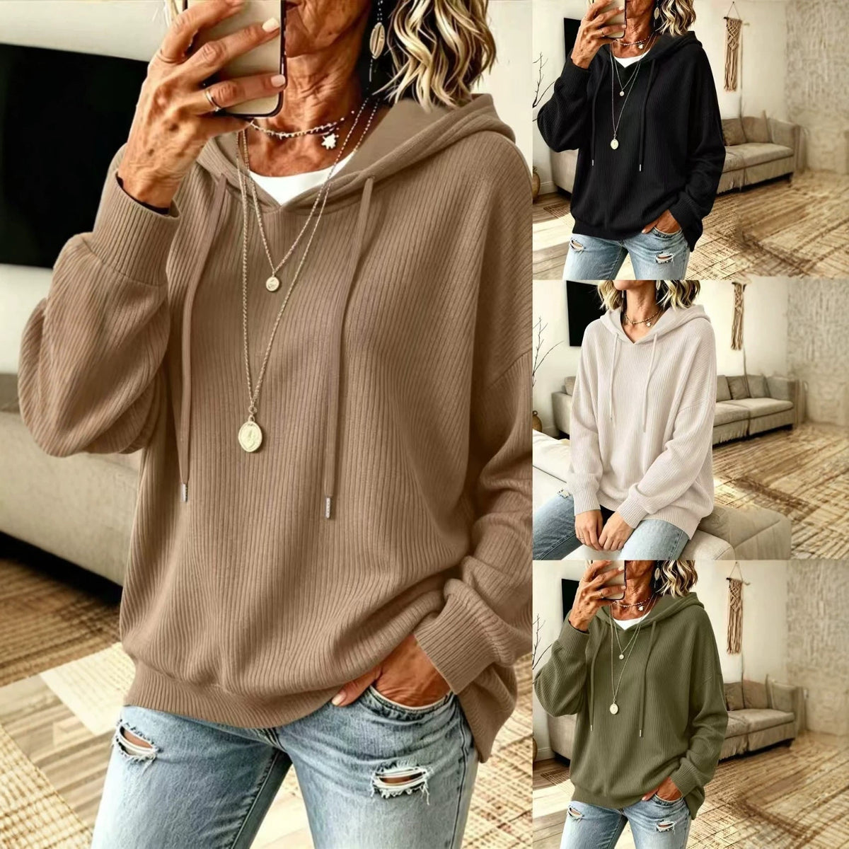 European Size Cross-border Solid Color Drawstring Hooded Knitted Sweater Casual Pocket Loose Slimming Large Size Women's Outer Top