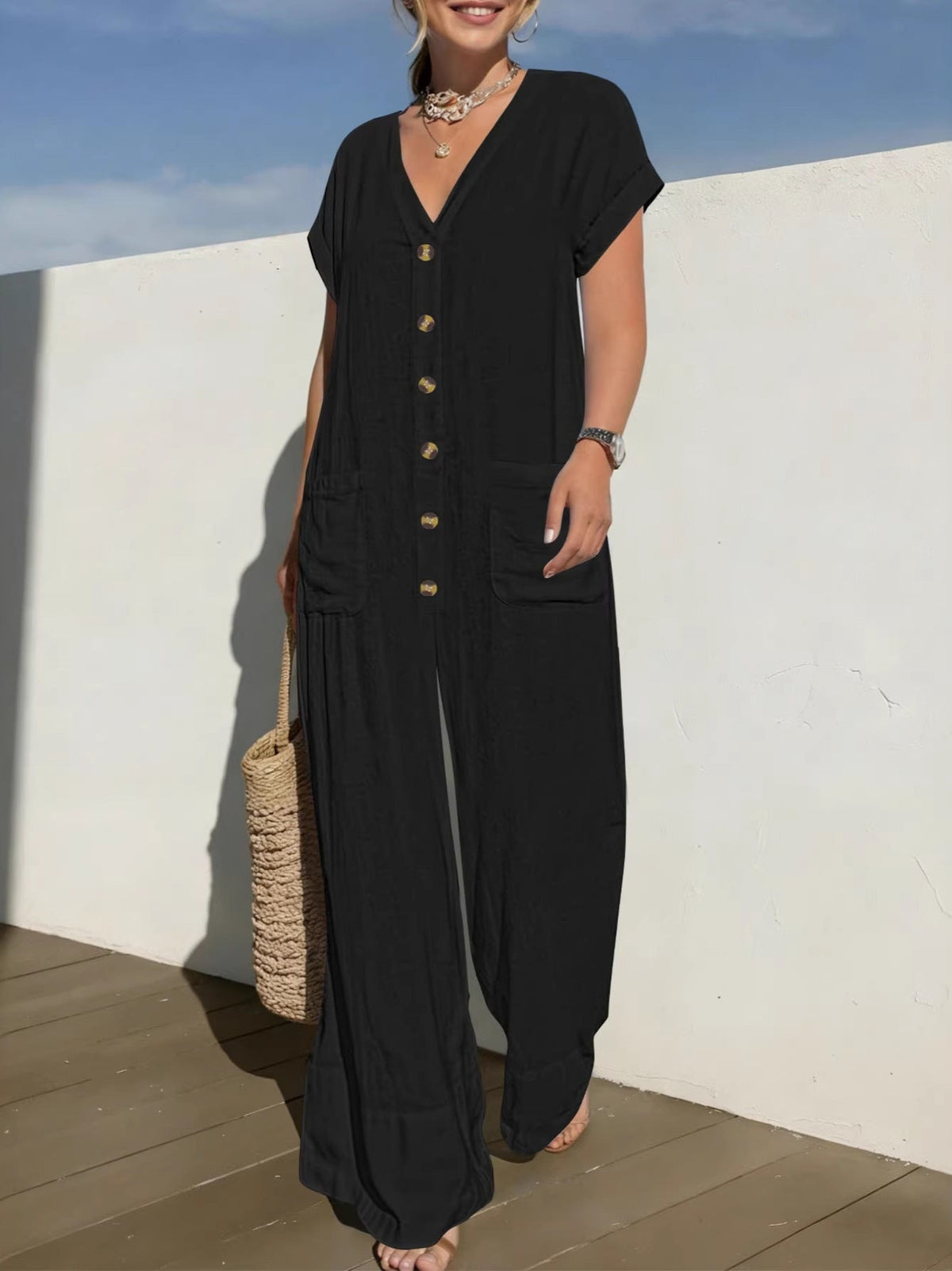 Men's Spring And Summer Overalls With Batwing Sleeves, Wide-leg Overalls, Casual Loose V-neck Buttoned Jumpsuit