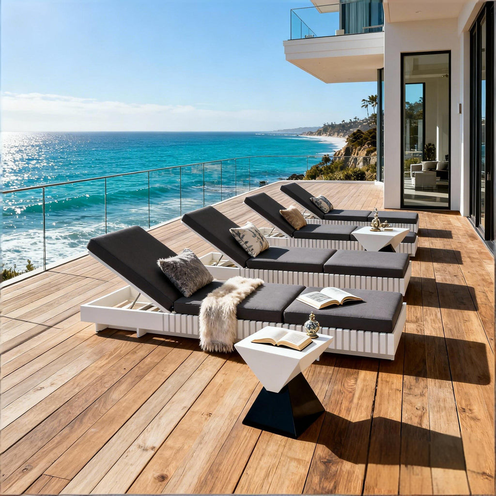 White Acacia Solid Wood Outdoor Chaise Lounge with Dark Cushions