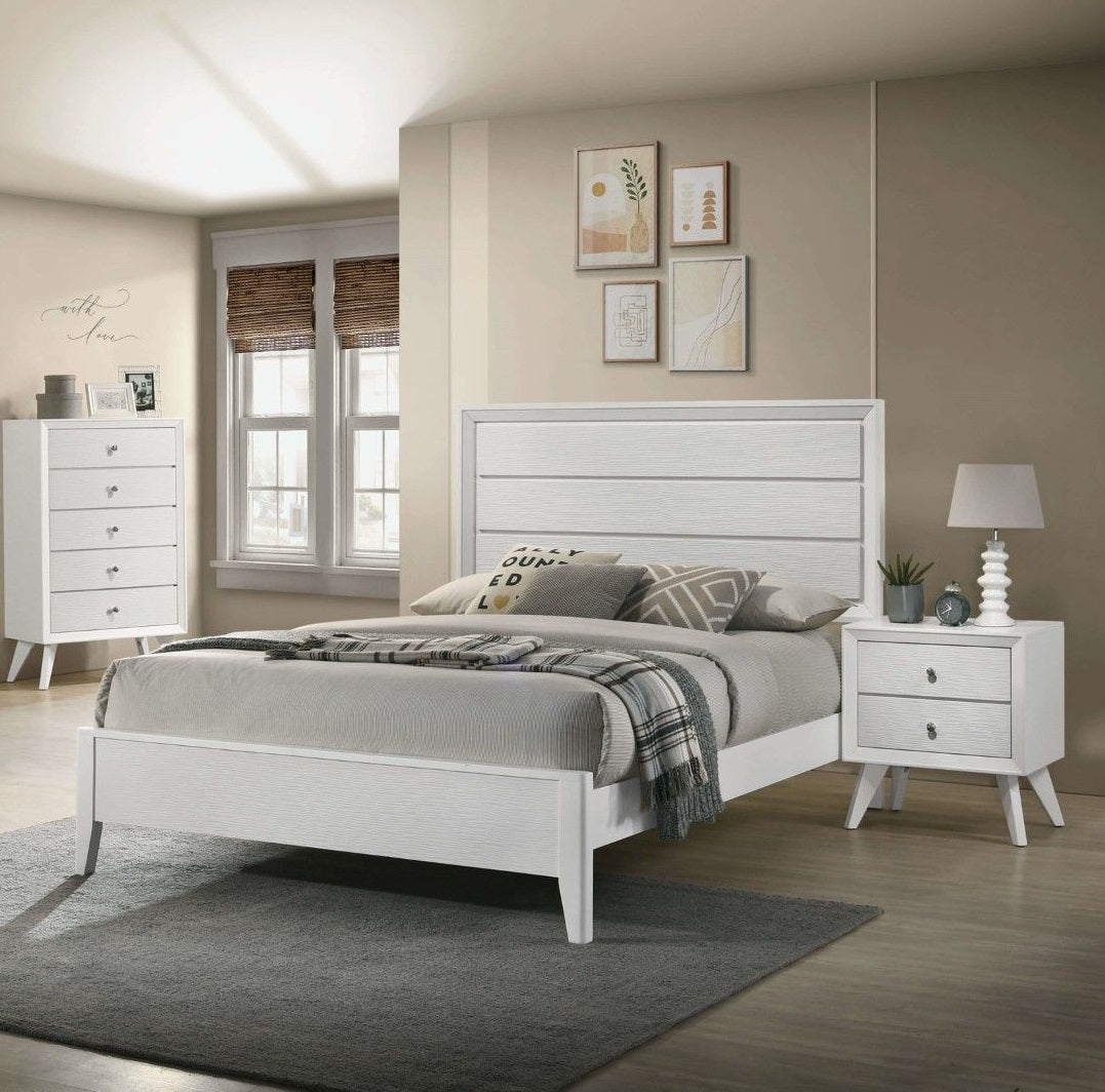 White Cal King Size Bed 2x Nightstands Wave Texture Panel HB