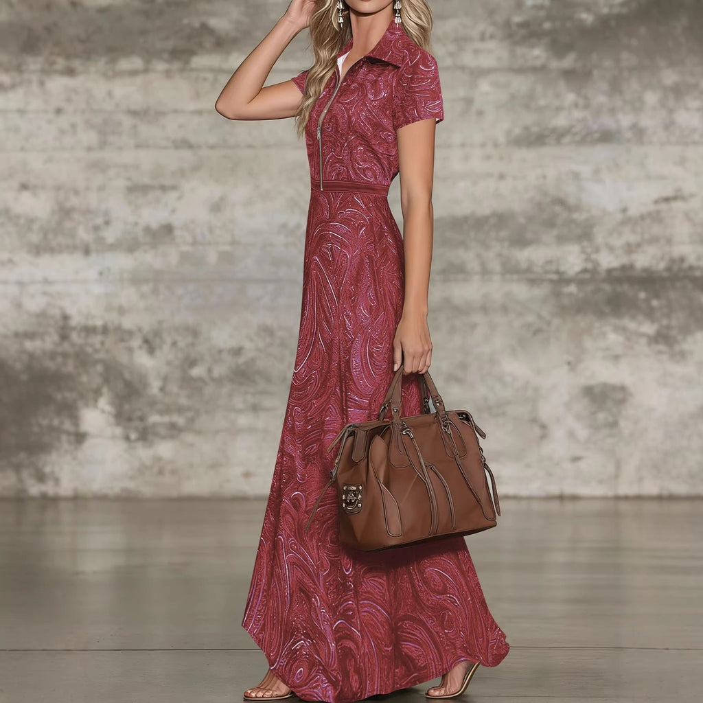 Ebay Amazon European And American Foreign Trade Retro Paisley Print Lapel Dress With Waist-Cinching A-Line Long Skirt For Women