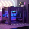 Wood Full Size Gaming Loft Bed with Desk, Storage Shelves, and LED Lighting