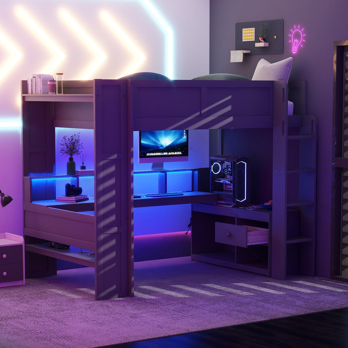 Wood Full Size Gaming Loft Bed with Desk, Storage Shelves, and LED Lighting
