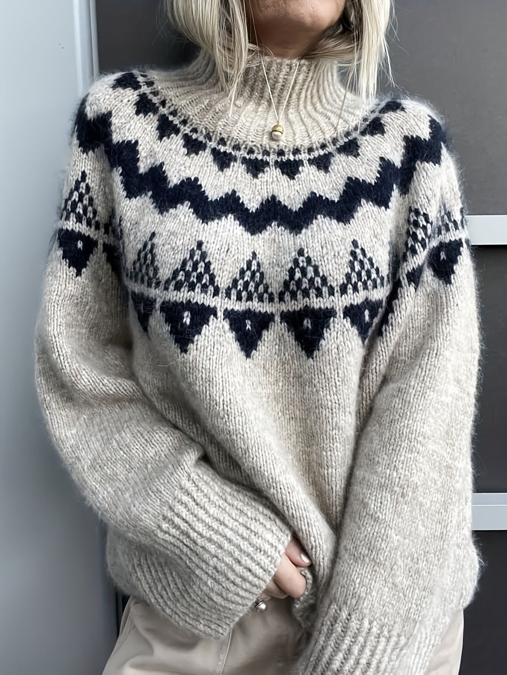 Womens Retro Pullover Knitted Jacquard Sweater