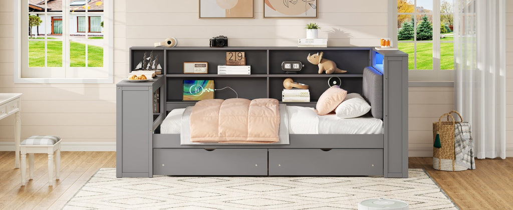 Wood Twin Size Platform Bed with Storage Shelves and Charging Station