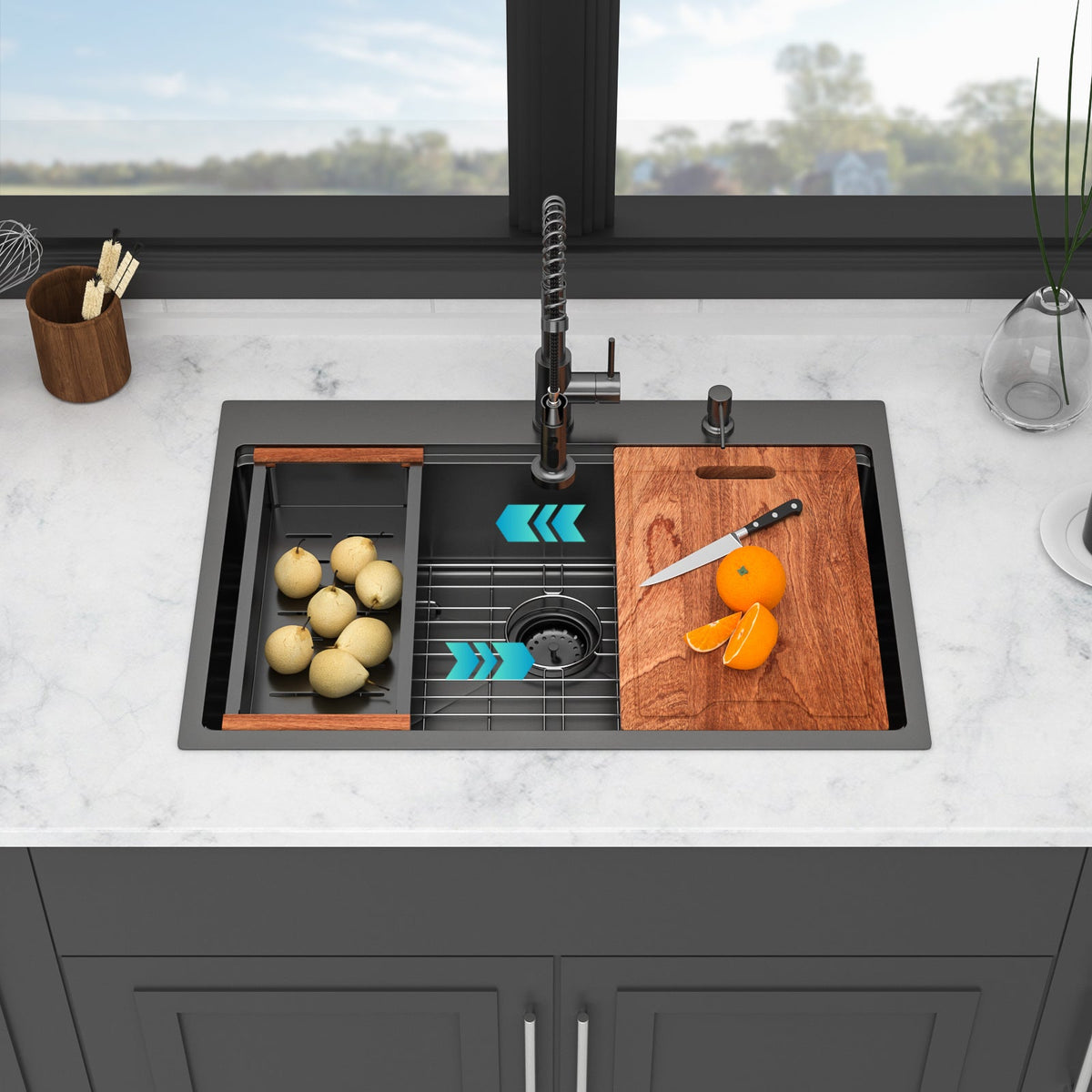 33" Drop-in Workstation Gunmetal Kitchen Sink