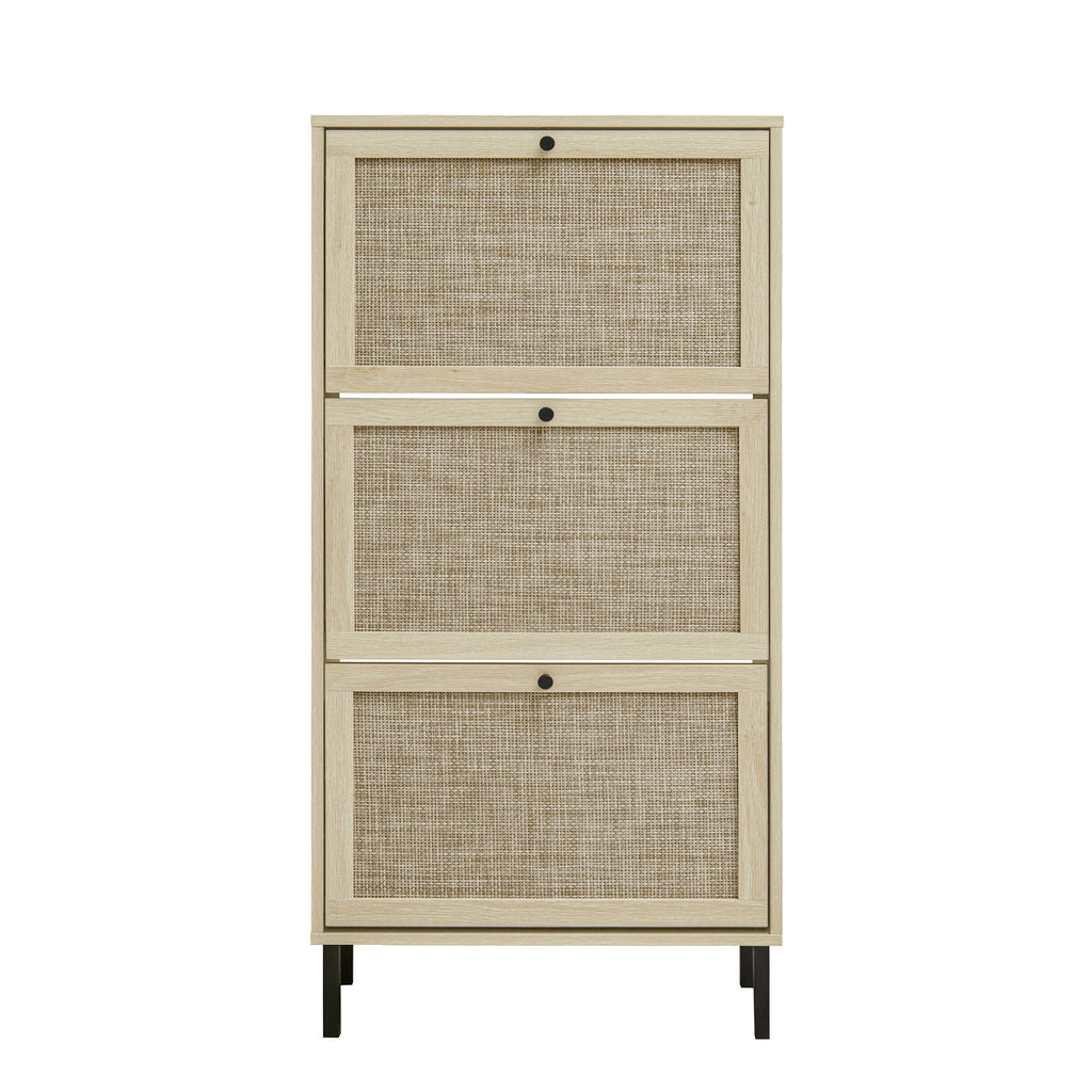 Rattan 3 Door Shoe Rack, Freestanding Modern Shoe Storage Cabinet