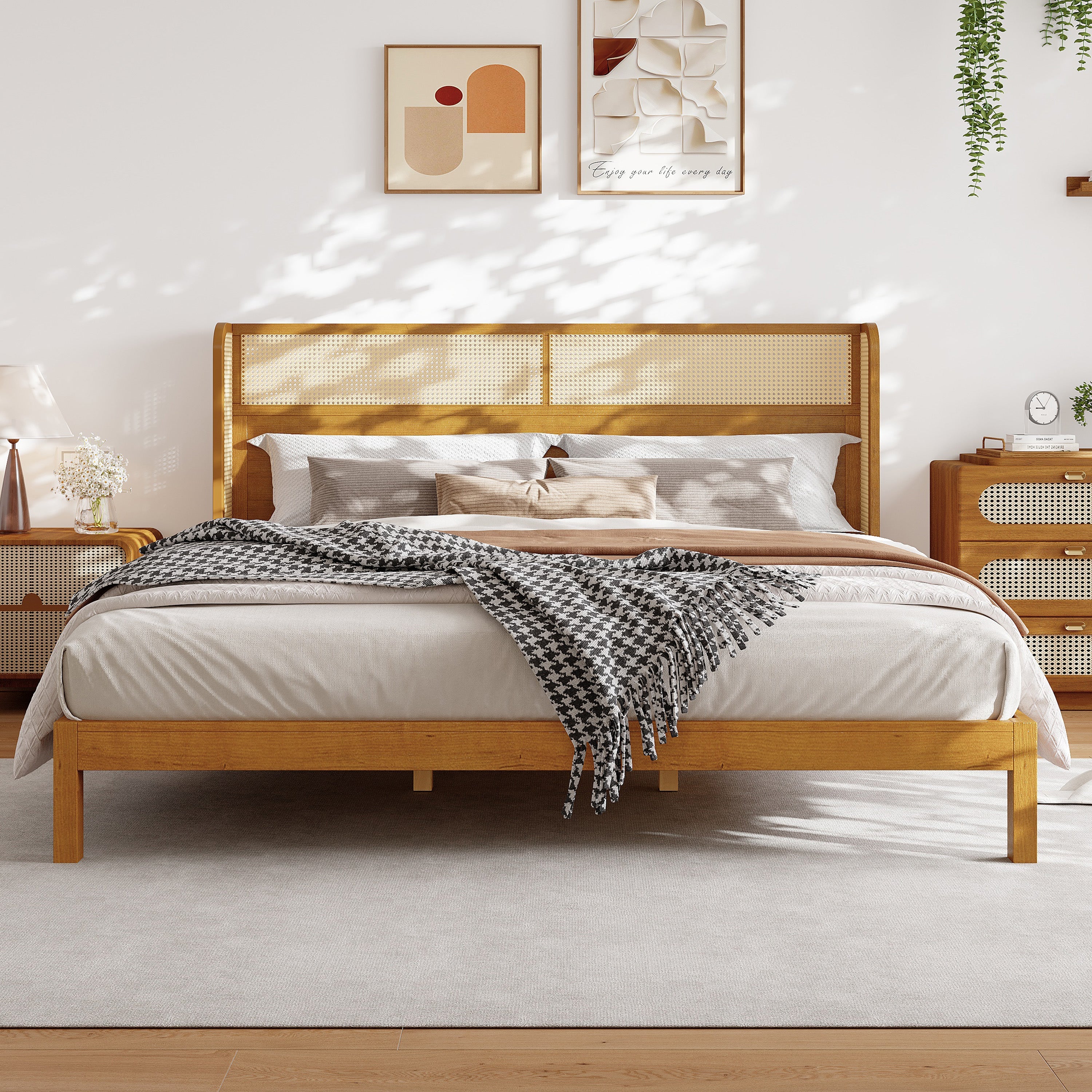 Premium Rubber Wood Platform Bed Frame, King Bed Frame with Headboard