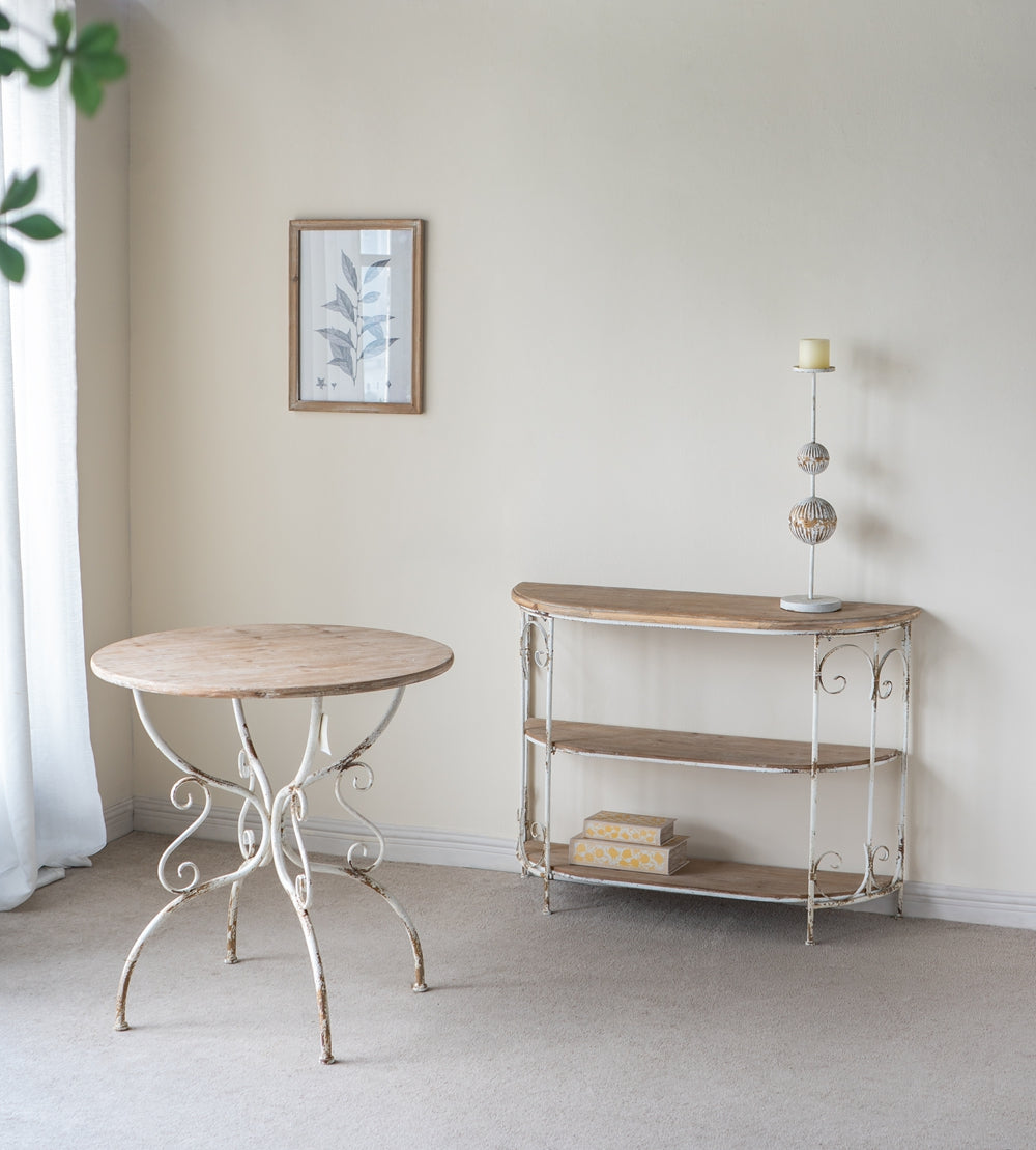 D31.5x31.5" Round Wooden Table with Metal Scrollwork Legs