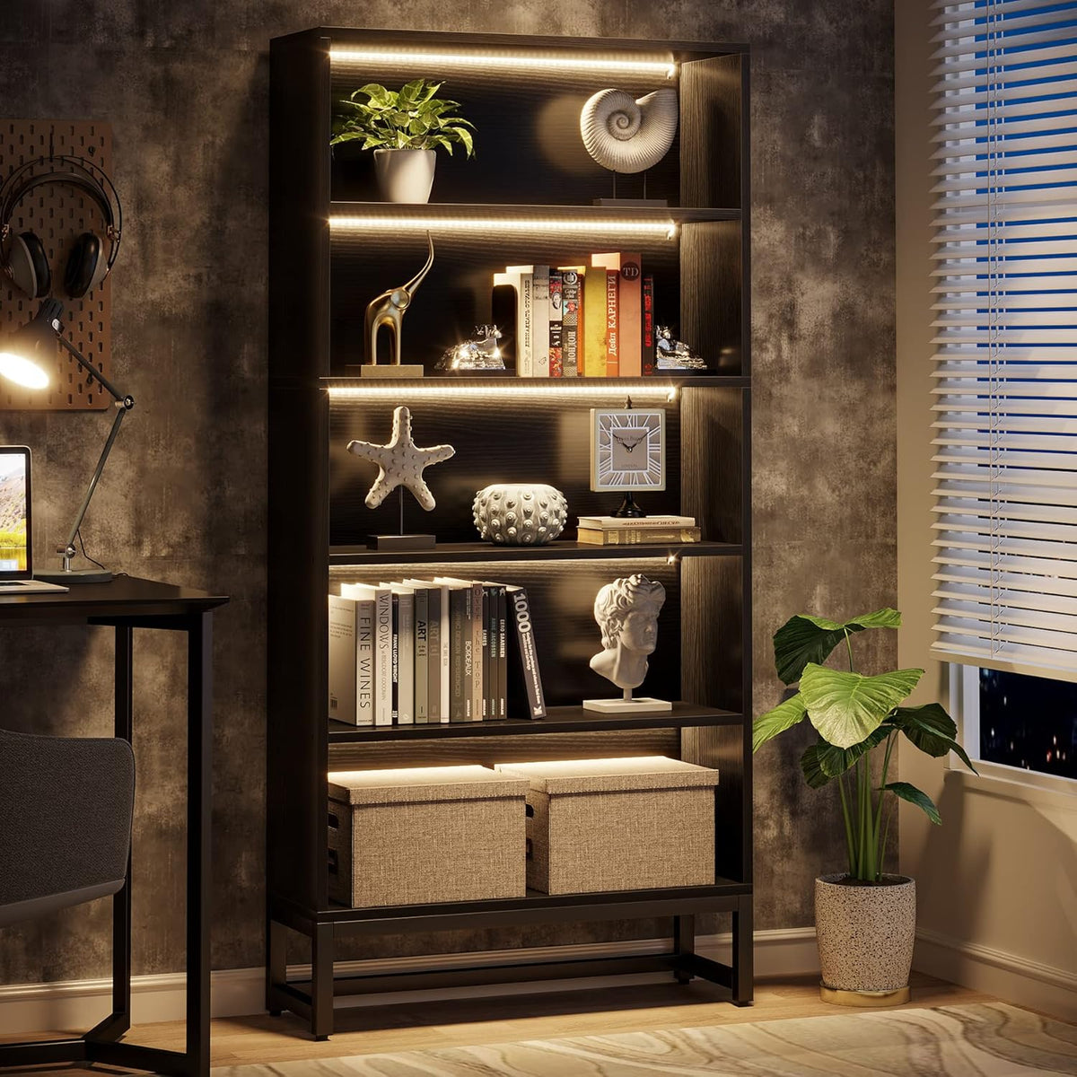 70.87" Black 5-Tier LED Library Bookshelf