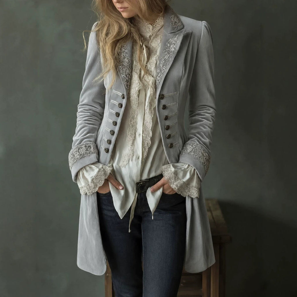 Womens Long-sleeve Solid-color Patchwork Lace Gold-velvet Coat