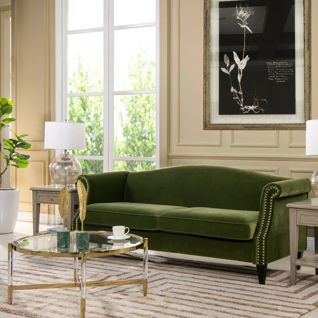 Elaine 77" Camel Back Small Space Sofa, Olive