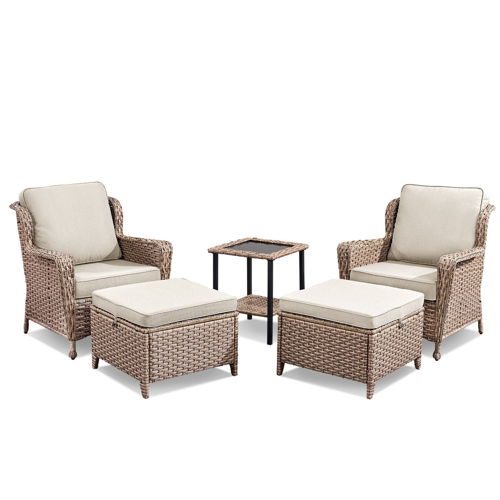 5-Piece Outdoor Lounge Chairs Set with Side Table and Ottomans