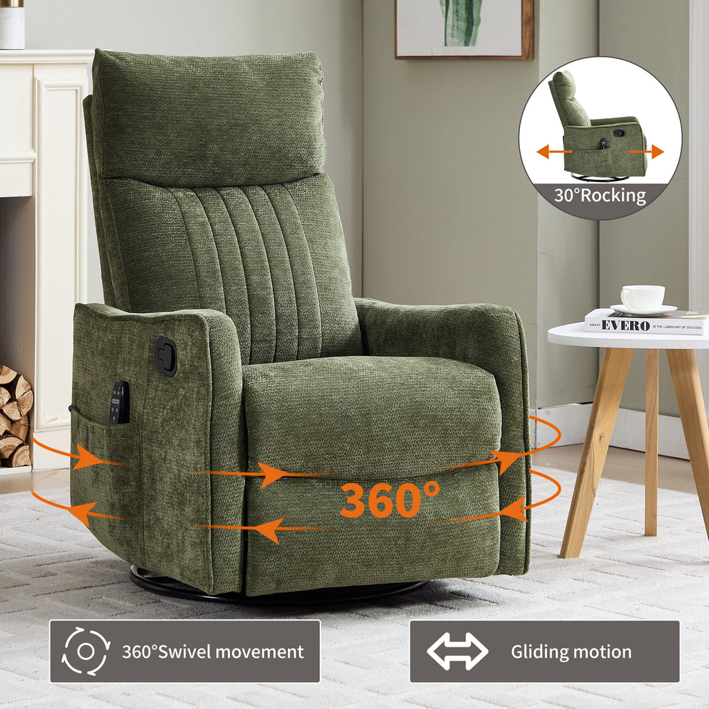Green Heat Massage Manual Recliner Chair with Rocker and Swivel in Fabric for Living Room