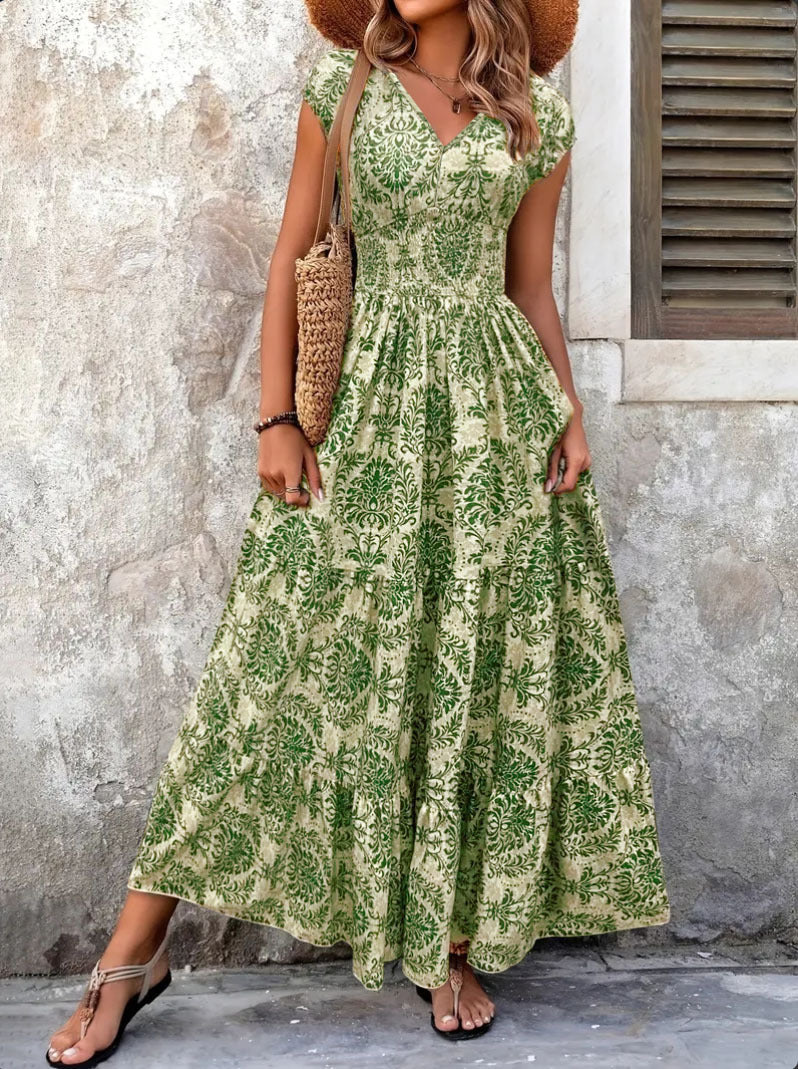 2026 Amazon Cross-Border Export Retro Printed Dress Fashionable And Elegant V Neck Short-Sleeved Dress Women's Dress