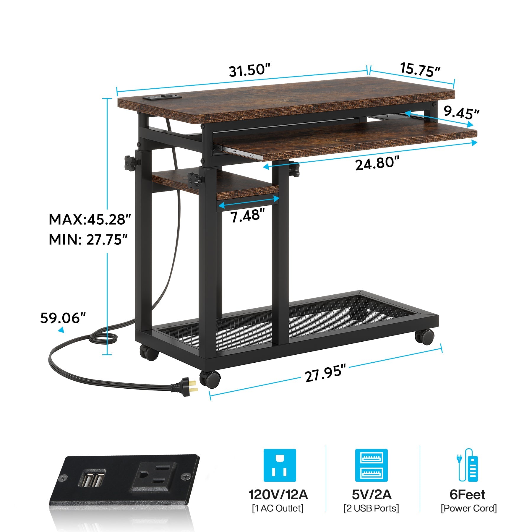 28"-39.3" Height Adjustable Portable Desk with Power Outlet & USB Ports