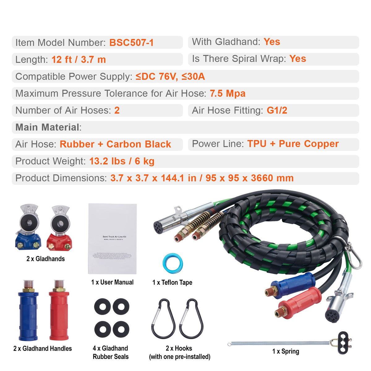 12FT Semi Truck Air Lines Kit with Glad Hands