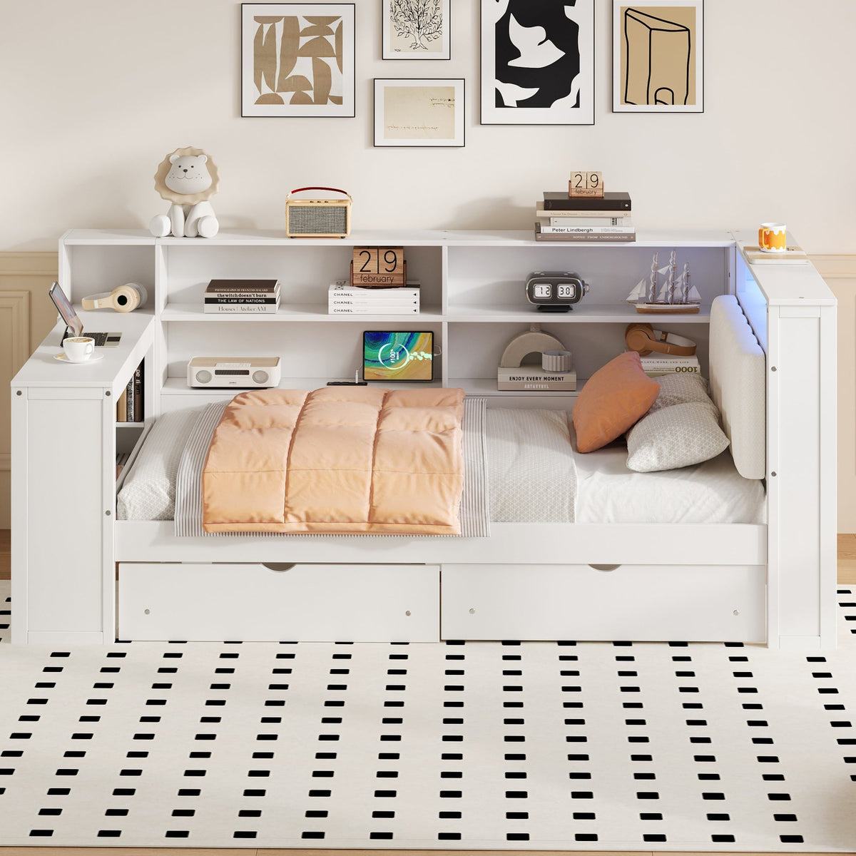 Wood Twin Size Platform Bed with Storage Shelves, Drawers, and LED