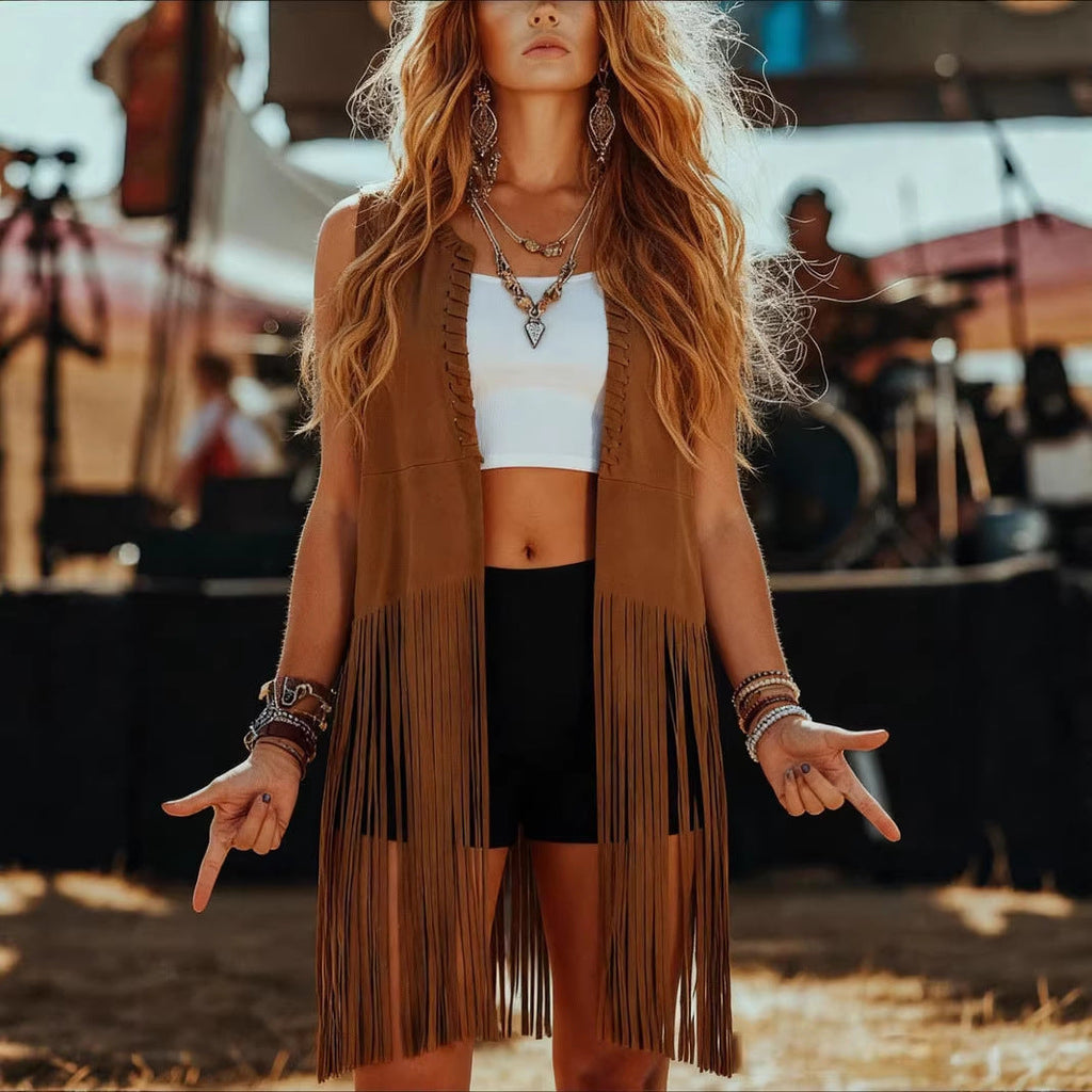 Suede Tassel Shawl Sleeveless Vest Jacket