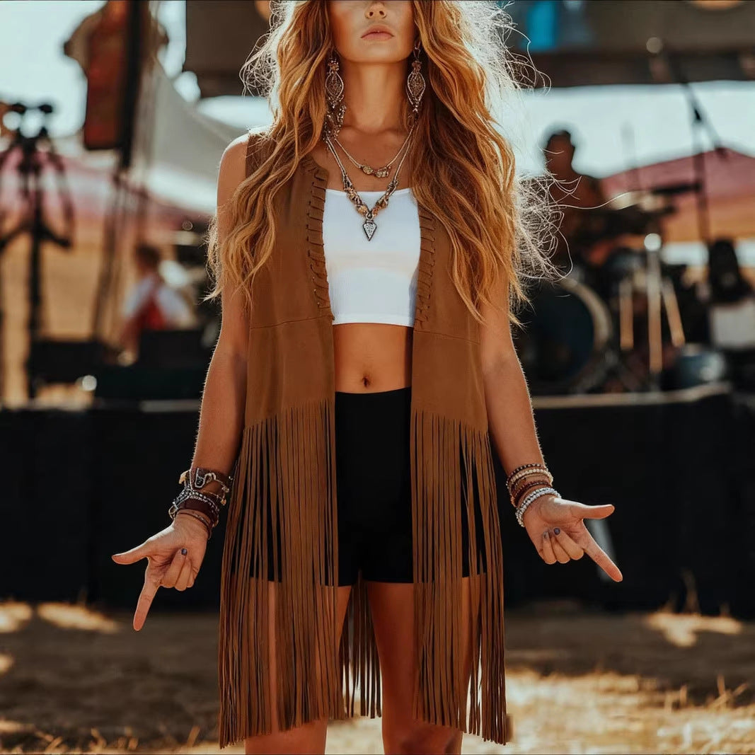 Suede Tassel Shawl Sleeveless Vest Jacket