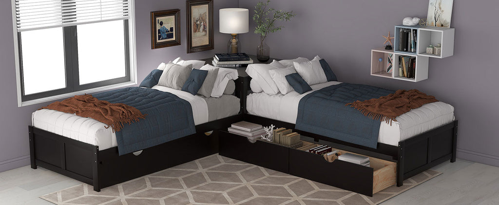 L-Shaped Platform Bed with Trundle and Built-in Desk