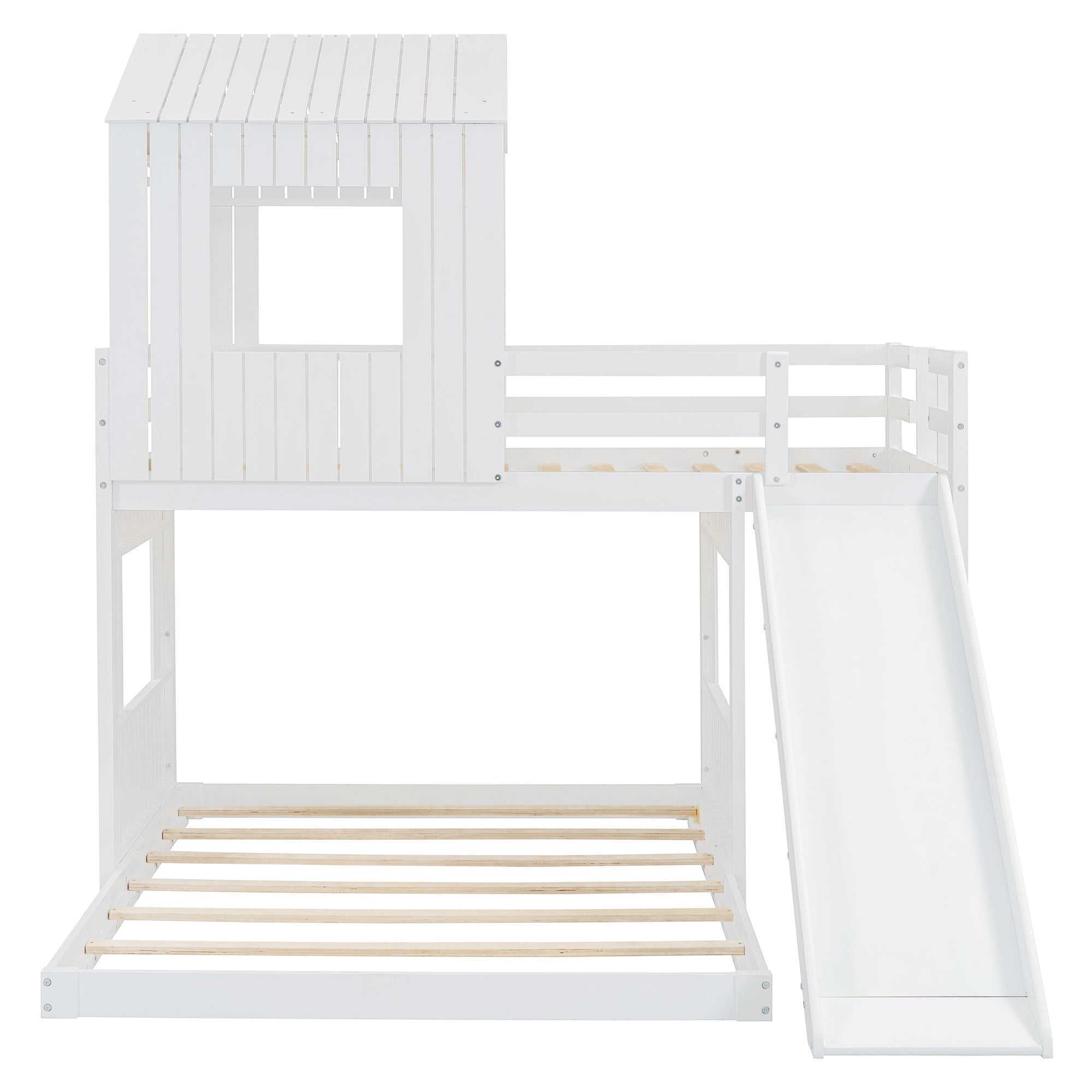Wooden Twin Over Full Bunk Bed with Playhouse