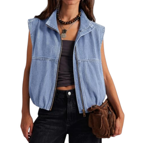 New Womens Zip-up Lapel Sleeveless Denim Vest