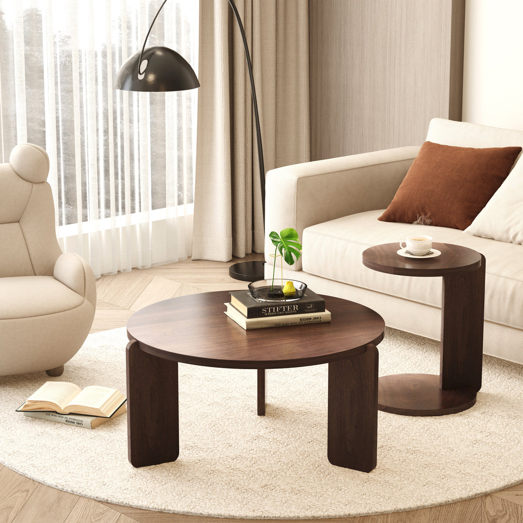 32.68 Inch Nesting Round Wood Coffee Table with End Table Set of 2