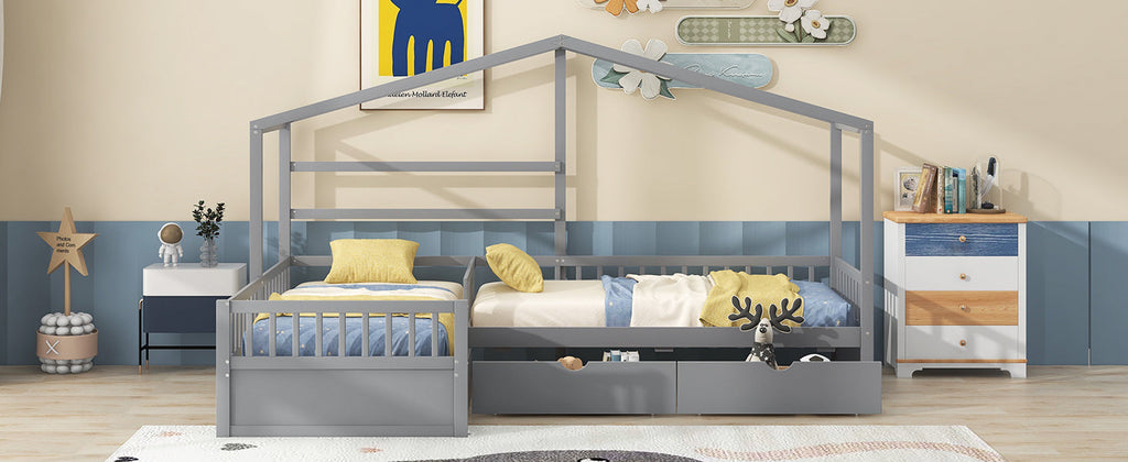 Twin Size House Platform Bed with Three Storage Drawers