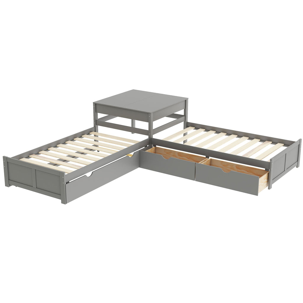 L-Shaped Platform Bed with Trundle and Built-In Desk - Gray