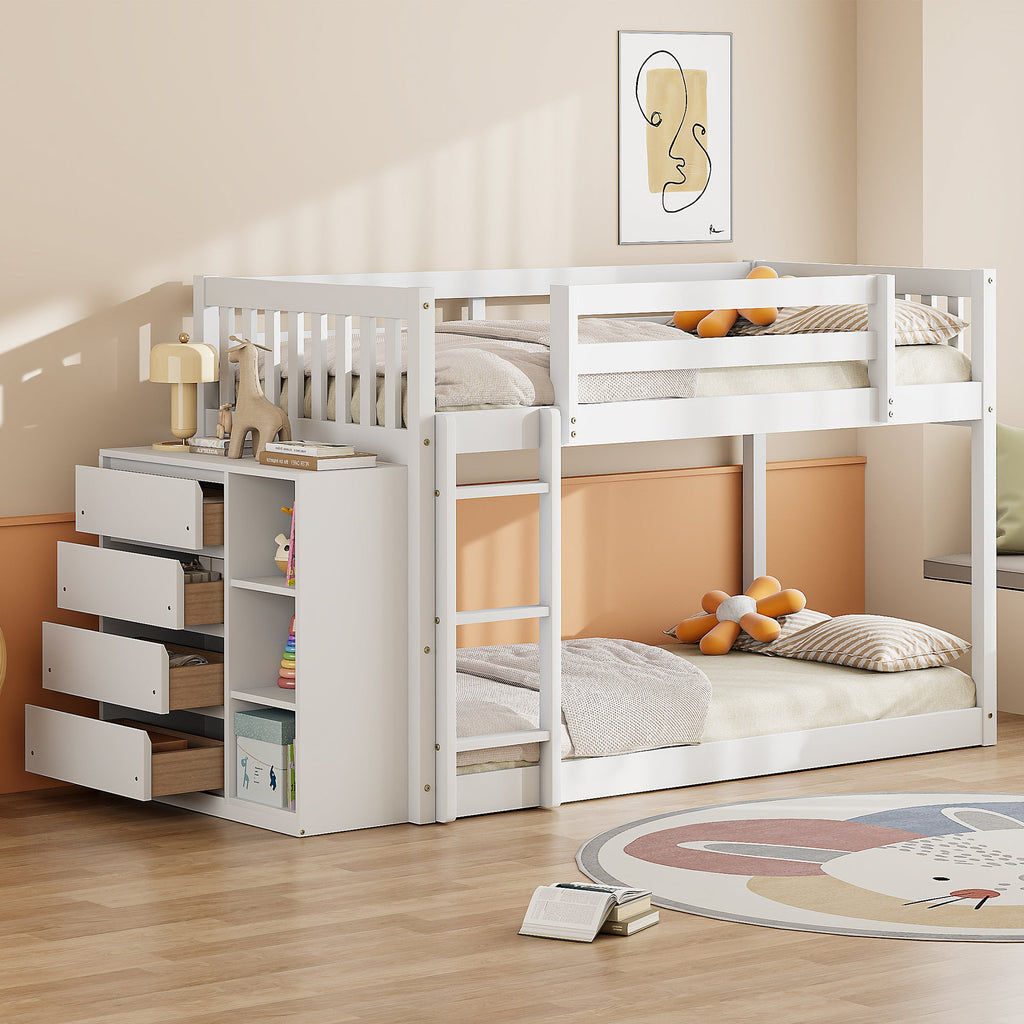 Twin Over Twin Bunk Bed with 4 Drawers and 3 Shelves - White