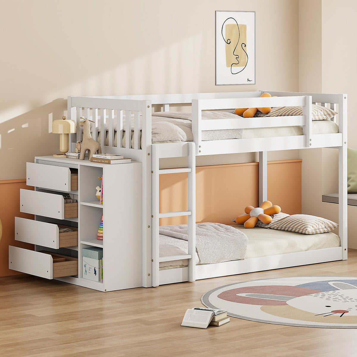 Twin Over Twin Bunk Bed with 4 Drawers and 3 Shelves - White