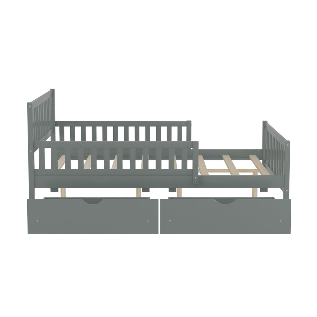 Full Size Wood Platform Bed with Guardrails on Both Sides and Two Storage Drawers